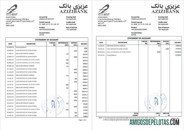 realista Afeganistão Azizi Bank Extract Of Account modelo Word e PDF, 2 páginas